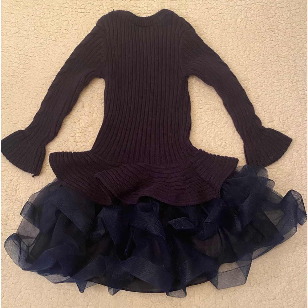 Bonnie Jean Little Girls Tutu Sweater Dress 5 Navy Blue Cable Knit Shimmer Tulle